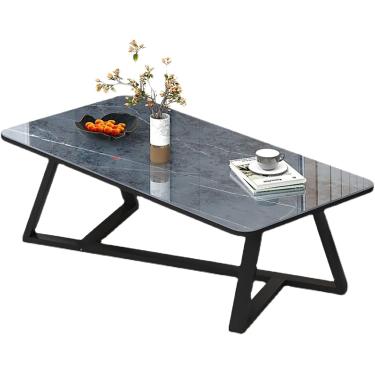 Imagem de Mesa de café de vidro, mesa de café retangular moderna e mesa de extremidade, mesa de mármore falsa com estrutura de base de metal preto, conjuntos de mesa de estar modernos para apartamento