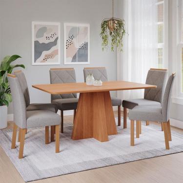 Imagem de Conjunto de Mesa Retangular com Tampo de MDF Cinamomo Maitê e 6 Cadeiras Fernanda Linho Grafite e Madeira