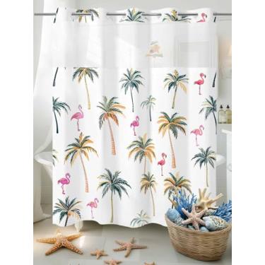 Imagem de BOSIJOY Cortina de chuveiro sem gancho com conjunto de forro de encaixe, cortinas de chuveiro de tecido impermeável com palmeiras em aquarela flamingo, planta tropical em branco, cortina de banho de