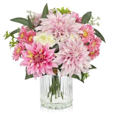 Imagem de Briful Flores falsas com vaso, dália artificial e arranjo floral de seda para mãe com vaso de vidro, arranjo de flores artificiais para decoração de casamento