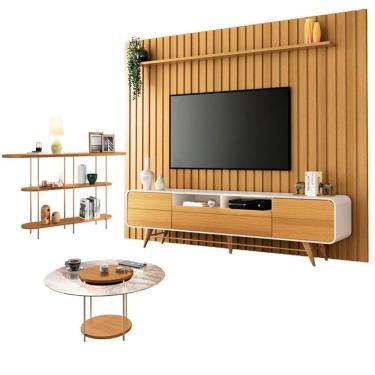 Imagem de Rack Bancada Época com Painel Ripado You 2.7 com Mesa de Centro Sky com Tampo de Vidro e Aparador Infinity Cinamomo Off White - HB Móveis