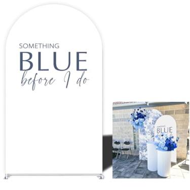 Imagem de Something Blue Before I Do Bridal Shower Capa de suporte arqueada para festa de casamento fundo Chiara, tecido elastano elástico azul poeira, durável, lavável (G4309, 1,2 x 2,2 m (L*A))