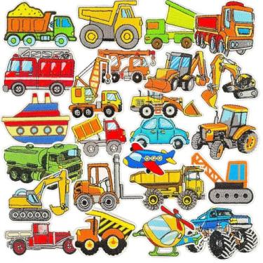 Imagem de 24 peças de adesivos bordados para veículos de engenharia, ferro em bordados, suporte de cola, engenharia, carro, escavadeira, caminhões, desenho animado costurado, emblema, para meninos, crianças