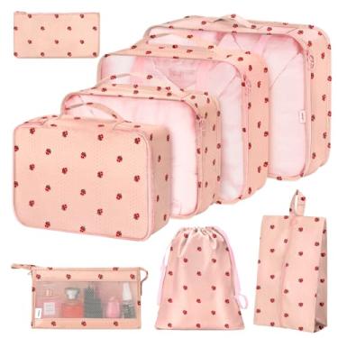 Imagem de Conjunto de 8 cubos de embalagem para malas com organizadores para sapatos, cosméticos, roupas e acessórios, organizadores de bagagem de viagem para mulheres e homens (moranguinhos)