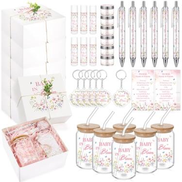 Imagem de Hoolerry 6 conjuntos de 72 peças prêmios de chá de bebê para brindes de jogo incluem copos de vidro, vencedores de chá de bebê, caixa de presente, batom, caneta, vela, chaveiro, convidados, escola