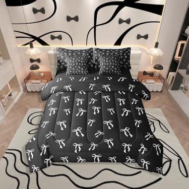 Imagem de Erosebridal Conjunto de cama com laço e laço branco, para cama de princesa preta e solteiro, em uma bolsa, gravata borboleta simples (edredom + lençol de cima + 2 fronhas + 2 fronhas de travesseiro