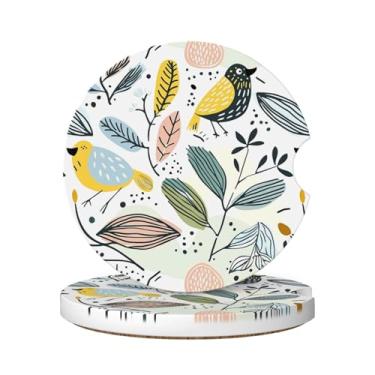 Imagem de Neukim Pacote com 2 porta-copos estilo nórdico, folhas de pássaros, grafite, porta-copos, porta-copos, 6 cm, antiderrapante, cerâmica, absorvente com base de cortiça e entalhe de dedo, acessórios de