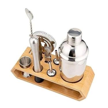 Imagem de Conjunto de ferramentas de barra de aço inoxidável de 10 peças, conjunto de coqueteleiras com suporte de bambu, kit de bartender para misturar bebidas em casa, kit de bar e coqueteleira