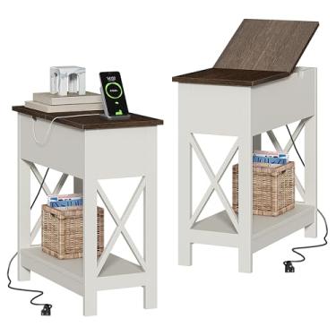 Imagem de ChooChoo Mesa de canto com estação de carregamento, mesa lateral estreita com portas USB e tomadas de energia para espaços pequenos, mesa de sofá para sala de estar, quarto, branco e marrom, pacote