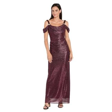 Imagem de R&M Richards Elegante vestido longo enrugado ombro vazado com decote drapeado drapeado e alças enfeitadas com strass, Merlot, 48