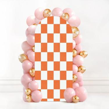Imagem de Capa de fundo de arco de casamento de 1,8 m retrô, sem costura, laranja, branco, elastano com elástico para decoração de festa de aniversário, chá de bebê, banquete