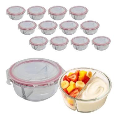 Imagem de Kit 12 Potes De Vidro 630ml 2 Divisórias Hermético Marmita Fit Com Tra