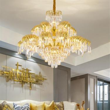 Imagem de OUFULA Lustre de cristal europeu para sala de estar de luxo Restaurante Americano Dourado Quarto Hotel Vila Edifício duplex Lâmpada Pendente (B 15 Luzes)