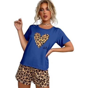 Imagem de Conjunto De Pijamas Para Mulheres Conjunto De Pijamas Femininos Estampa De Leopardo Pijamas Femininos Pulôver Com Estampa De Coração Solto Manga Curta Roupas Femininas De Cas, Blue, S