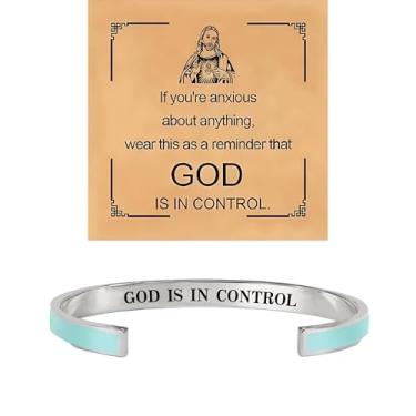 Imagem de BlingNook Pulseira God Is In Control para mulheres e homens, com cartão de presente, pulseiras de oração cristã aberta Jesus fé inspiradora, joia ajustável de aço inoxidável, One Size, Aço inoxidável