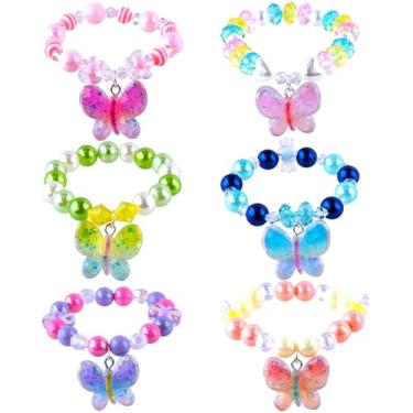 Imagem de Conjunto de pulseiras infantis com pingente de borboleta com tema de princesa fada para meninas, 6 peças, lindas pulseiras elásticas com contas com berloques de borboleta com glitter, perfeitas para