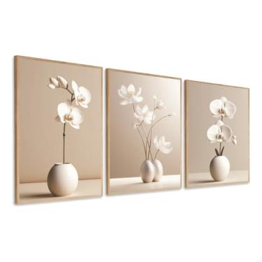 Imagem de Kit 3 Quadros Decorativos Flores Orquídea Bege Boho sala quarto com Moldura