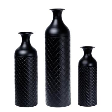 Imagem de CheeryStow Conjunto de 3 vasos altos de metal preto com padrão de treliça de losango, vasos decorativos em pé com tampa removível para grama dos pampas, galhos e decoração de canto de casa, estilo