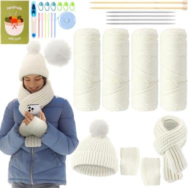 Imagem de Maasechs Kit de tricô para iniciantes e adultos, aprender a tricotar chapéu, cachecol, luva, kit completo para iniciantes com fios, agulhas, pompom sintético e instruções passo a passo para mulheres e