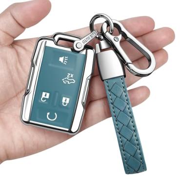 Imagem de Sindeda Capa para chaveiro Chevrolet com chaveiro, capa macia de proteção total compatível com Colorado Silverado Suburban Tahoe GMC Canyon Sierra 1500 2500 3500 HD 5 botões (azul tempestade)