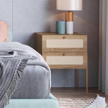 Imagem de Mesa de Cabeceira Selene 2 Gavetas Palhinha Pés metálicos Oslo Artesan