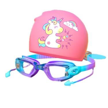 Imagem de Kit Óculos Natação Infantil Com Touca Impermeável Estojo Menino Menina Crianças Piscina Profissional Anti Embaçante Proteção UV Azul Rosa Lilás Desenhos Unicórnio Jacaré (Lilás e Azul)