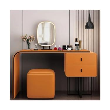 Imagem de Escrivaninha de penteadeira Conjunto de vaidade luxo moderno com espelho e fezes casa maquiagem penteadeira meninas quarto móveis(Orange,120cm)