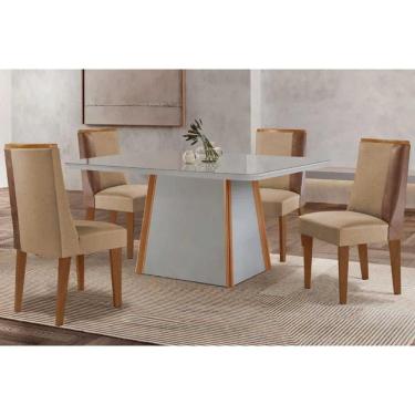 Imagem de Conjunto Sala de Jantar Tilia c/ Tampo Madeirado c/ Vidro Canto Curvo 120x80cm e 4 Cadeiras Tilia Madeira Maciça Naturale/Off White - Capuccino/Linho 