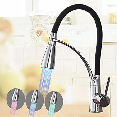 Imagem de RAUGAJ Torneiras, mangueira de montagem no convés, torneira de cozinha cromada, alça única, pulverizador de fluxo de cozinha, torneiras misturadoras de água quente e fria, guindaste/luz LED cromada B