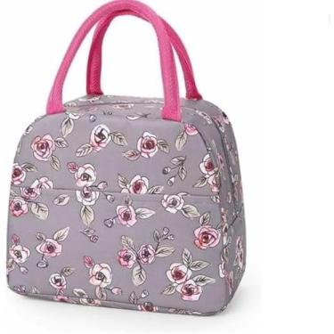 Imagem de Bolsa Marmita Térmica Estampada – Compacta com Alça e Bolso Lateral, Ideal para Trabalho, Faculdade e Academia (Rosas Cinza)