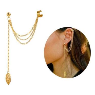 Imagem de Brinco Corrente com Folhas  Banhado a Prata e Dourado, Pressão 1 Unida