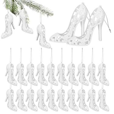 Imagem de VOSAREA 24 peças de enfeite de sapato de salto alto com glitter prateado, decoração de árvore de Natal, enfeite de pendurar na árvore de Natal, pingente de feriado para lembrancinha de festa de Natal