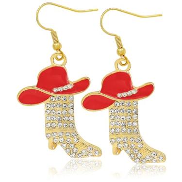 Imagem de Western West Cowgirl Texas Boots Spur Brincos pendentes Country Concert Outfit Accessories Rodeo Boho Fancy Dress Costume, botas douradas, chapéu vermelho