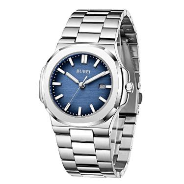 Imagem de BUREI Relógios masculinos modernos analógicos de quartzo, data, relógio de pulso à prova d'água com pulseira de aço inoxidável, Azul, Clássico, moderno, casual