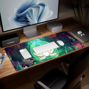 Imagem de Tapete de mesa de flor de couro, mouse pad de arte colorida grande teclado de computador mousepad para jogos à prova d'água protetor e capa de mesa, tapete de mouse decorativo de couro PU para laptop