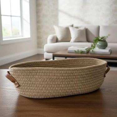 Imagem de Cesto Organizador Oval em Algodão Trançado Alças em Couro Sintético Design Moderno para Banheiro Quarto Sala Escritório Closet Multiuso