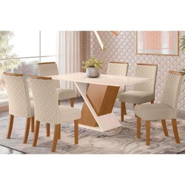 Imagem de Conjunto Mesa Sala Jantar Solus Tampo Madeirado Com Vidro 160x90cm E 6 Cadeiras Malu Nature Linho Henn