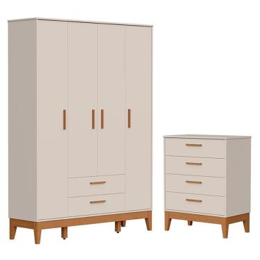 Imagem de Jogo De Quarto Infantil Flip Guarda Roupa 4 Portas E Cômoda 4 Gavetas Areia Fosco - Reller Móveis Areia Fosco