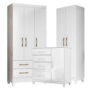 Imagem de Guarda Roupa Infantil Lima Com Cômoda Vênus Com Pés E Armário Multiuso New íris Branco Brilho – Moval