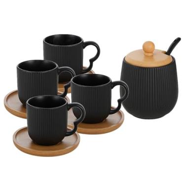 Imagem de Jogo xícaras porcelana 90ml Oásis Hauskraft pires bambu açucareiro elegante preto