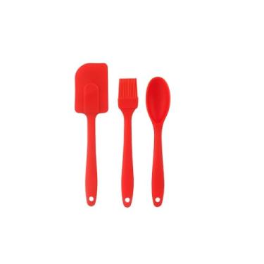 Imagem de Mini Kit Cake de Utensílios em Silicone Premium Kit com 3 Peças Pincel, Espátula e Colher Ideal para Confeitaria, Bolos, Preparos Delicados Ótimo Para o Dia a Dia FONSES (Vermelho)