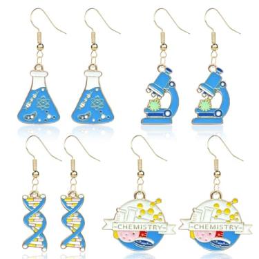 Imagem de QLYOVWE Conjunto de 4 brincos de ciência exclusivos para mulheres, copo de microscópio, química, molecular, DNA, biológico, ferramenta experimental, brincos, enfermeira, professora, cientista, joias