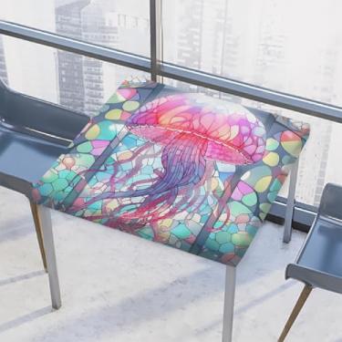 Imagem de Toalha de mesa quadrada para uso externo com borda elástica, capa de mesa quadrada limpável, animal, água-viva, vidro, toalha de mesa colorida para ambientes externos, ambientes internos, pátio, sala