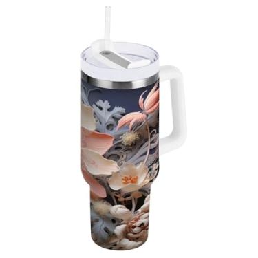 Imagem de Blueangle Copo isolado de 1,134 g com alça e tampa de canudo - Caneca de viagem de aço inoxidável à prova de vazamento, garrafa de água de lindas flores a vácuo de parede dupla (788)