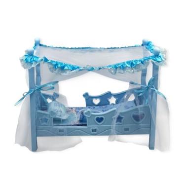 Imagem de Berço de Boneca com Dossel e Mosquiteiro, Azul, Inclui Colchão, Decoração com Corações e Estrelas, Brinquedo Infantil 3+ Anos