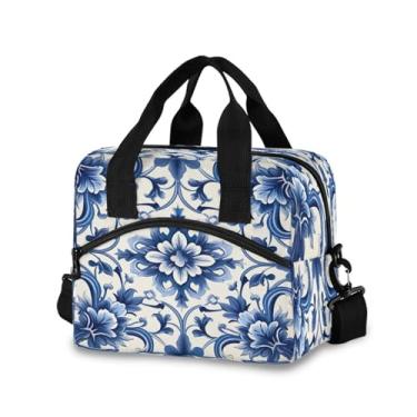 Imagem de Blueangle Lancheira isolada com estampa de azulejos vintage azuis, alça de ombro removível e alça - lancheira reutilizável para homens e mulheres (505)
