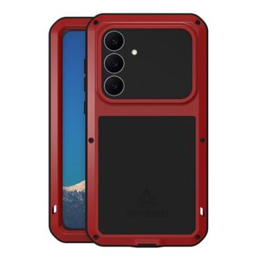 Imagem de LOVE MEI Para Samsung Galaxy S25 FE Metal capa, ao ar livre desportos híbrido alumínio metal anti-choque anti-pó corpo completo protetor capa com vidro temperado para Galaxy S25 FE (vermelho)