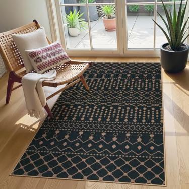 Imagem de Lahome Tapete marroquino de entrada de juta fácil, tapete preto e branco 7,5 x 12,7 cm para sala de estar, tapetes antiderrapantes laváveis para área pequena, tapete geométrico moderno para ambientes