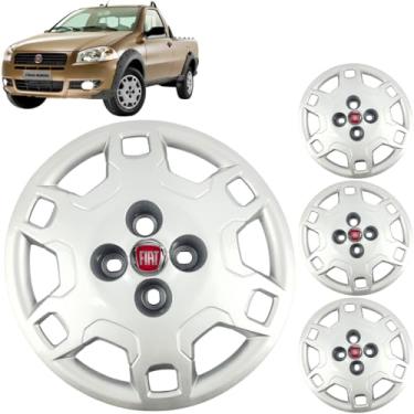 Imagem de Jogo 4 Calotas Aro 14 Fiat Strada 2009 a 2016 Com Adesivo Logo Vermelho Resinado Grid 044CA