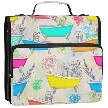 Imagem de Organizador de fichário fofo com zíper de 3,88 cm, 3 anéis, banheiras coloridas, flores, vários bolsos, pasta grande para fichário do ensino médio com alça, 34,5 x 31,5 x 9 cm